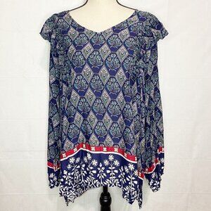NWT Suzanne Betro Blue Floral Tunic Top Long Sleeve Ruffled Size 2X